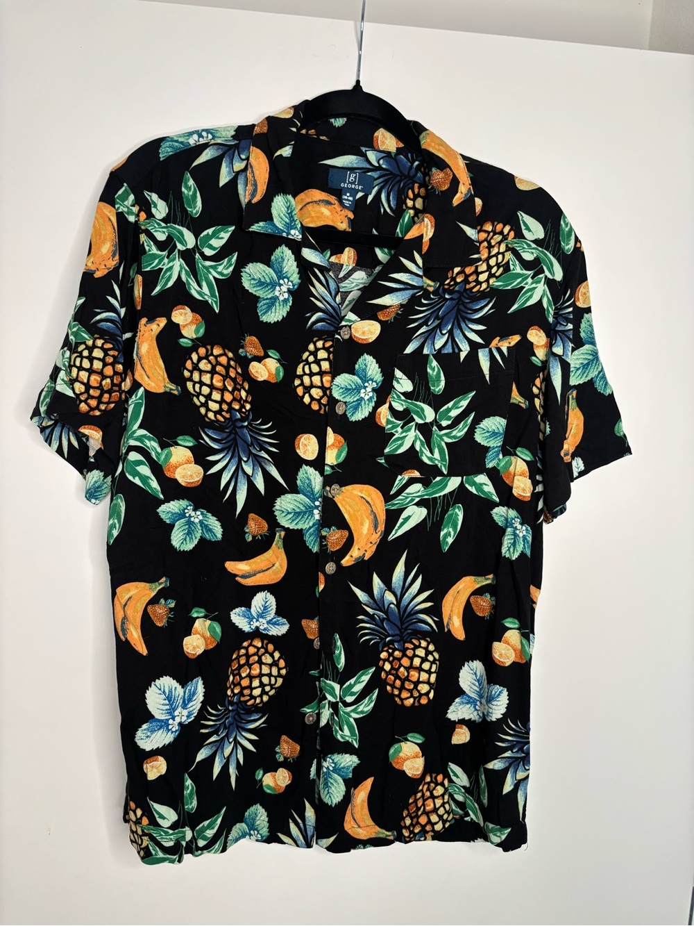 George Black Short-Sleeve Hawaiian Shirt with Orange & Green Fruit Print
